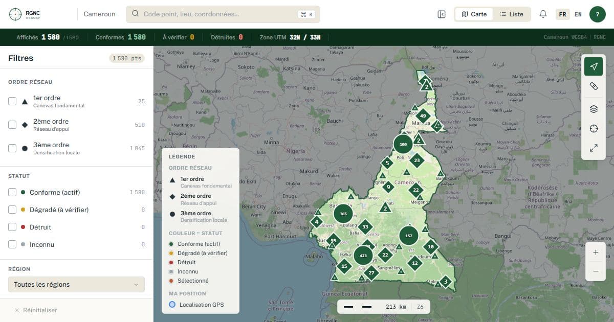RGNC WebMap : points géodésiques du Cameroun